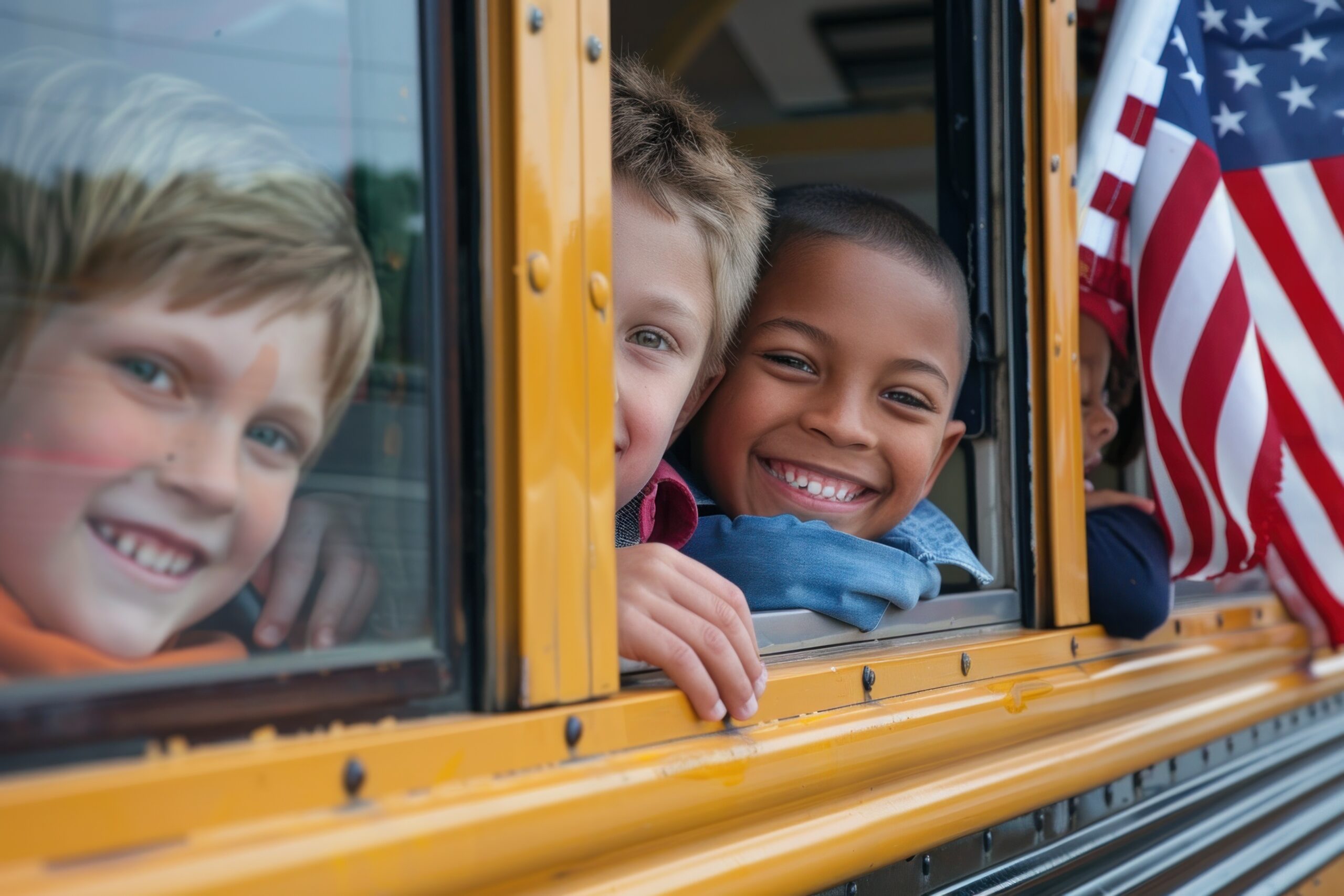 children looking out of school bus window with flag