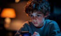 Child on cellphone at night with online predator