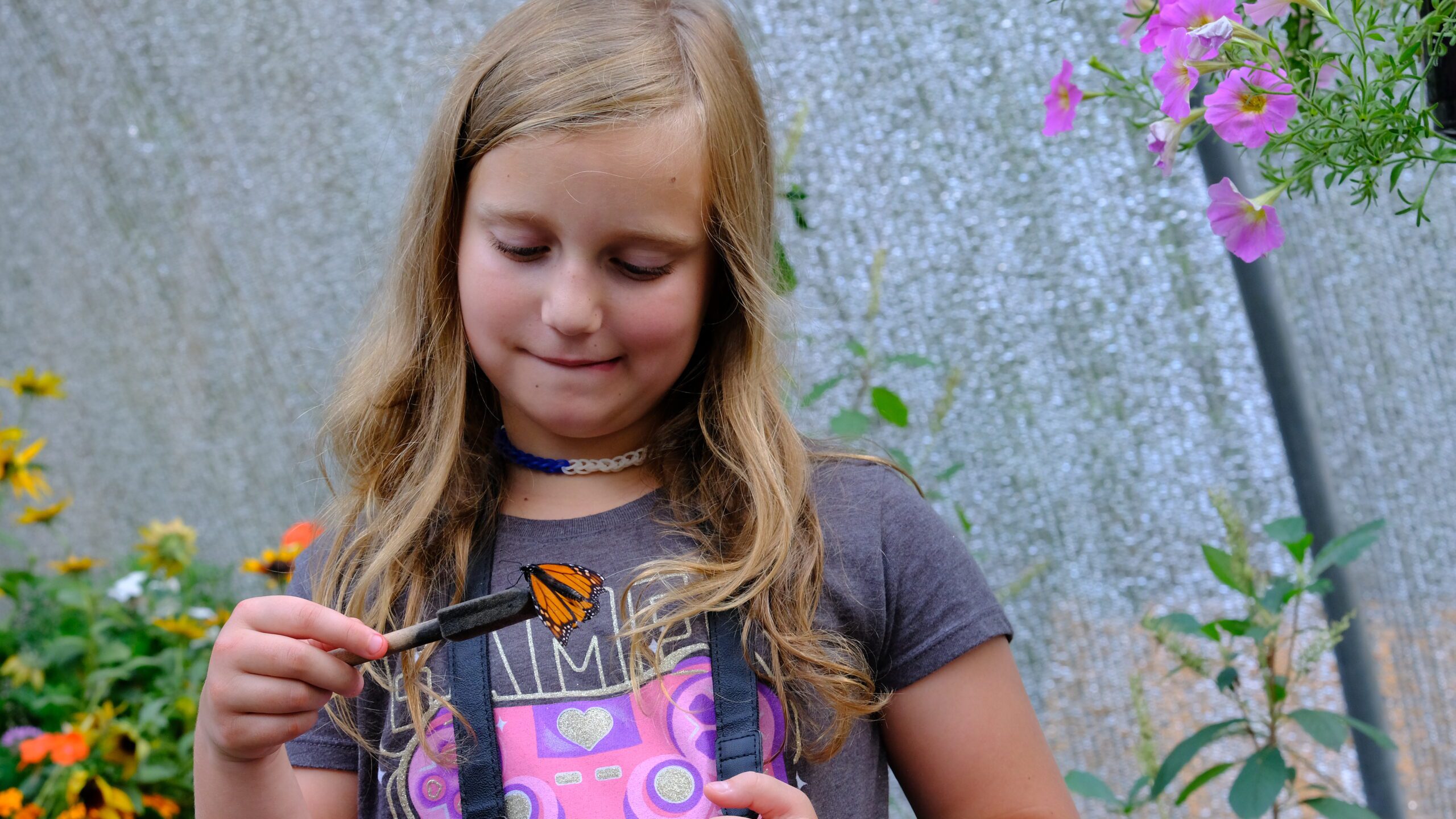 Little girl with butterfly on a stick at the Butterfly Encounter