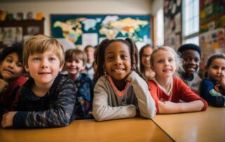 Happy children in public school classroom