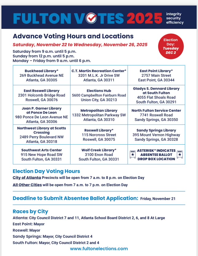 Advance Voting Hours and Locations for Fulton County