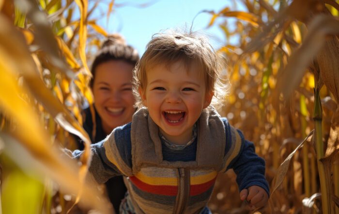A young boy and mother getting out of a maze (corn)