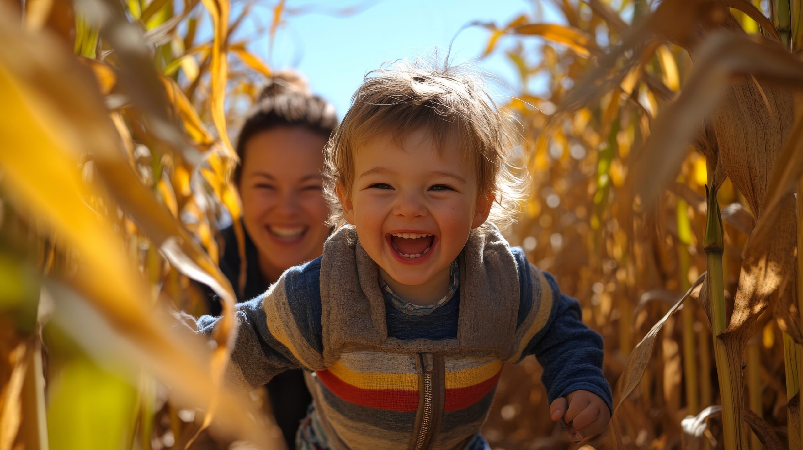 A young boy and mother getting out of a maze (corn)