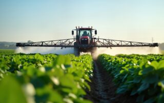Tractor spraying green crops with pesticides to represent GA SB 140