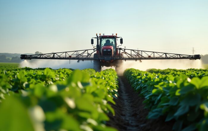Tractor spraying green crops with pesticides to represent GA SB 140