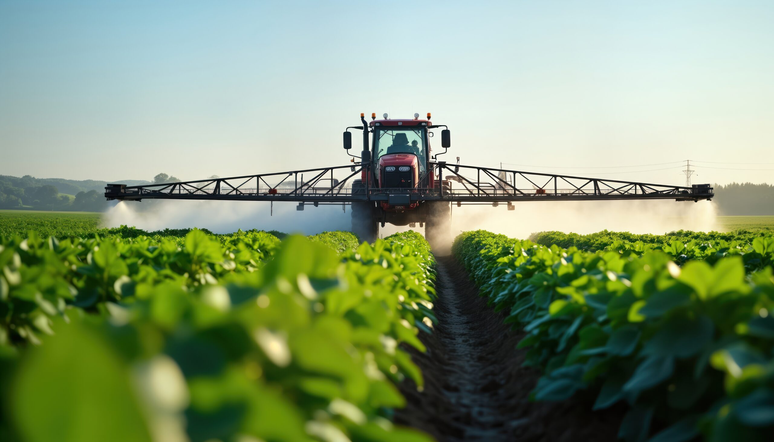 Tractor spraying green crops with pesticides to represent GA SB 140