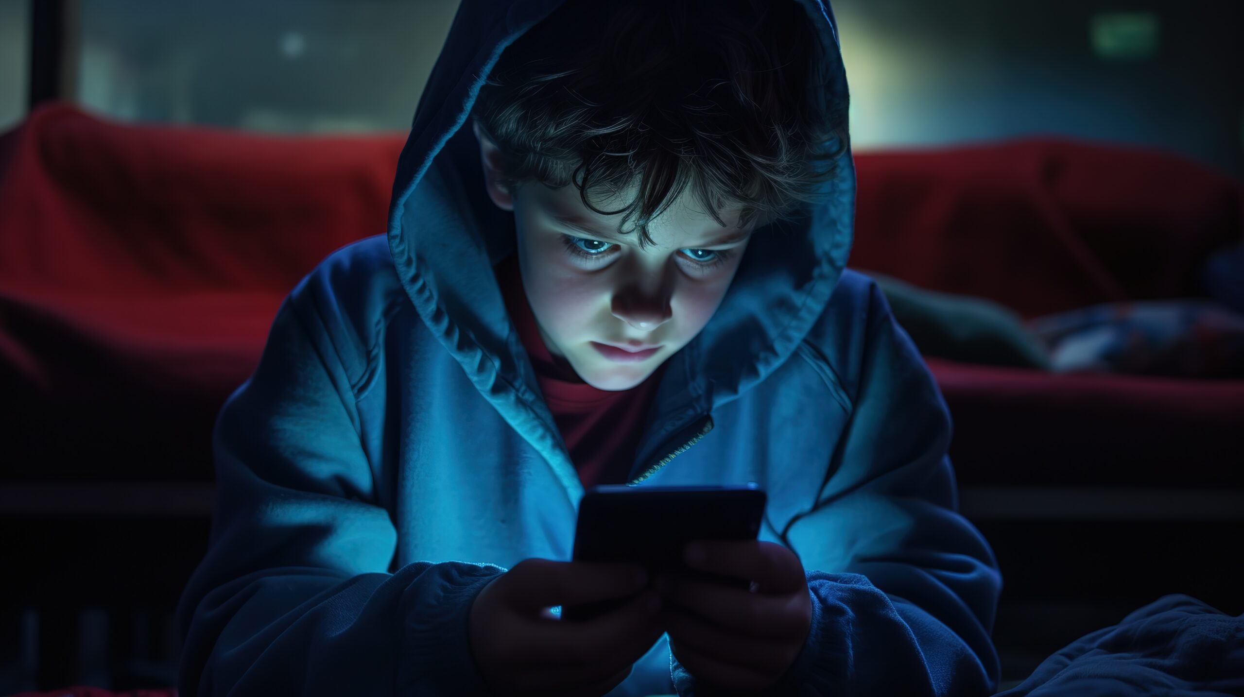 Kid looking at social media in the dark on phone
